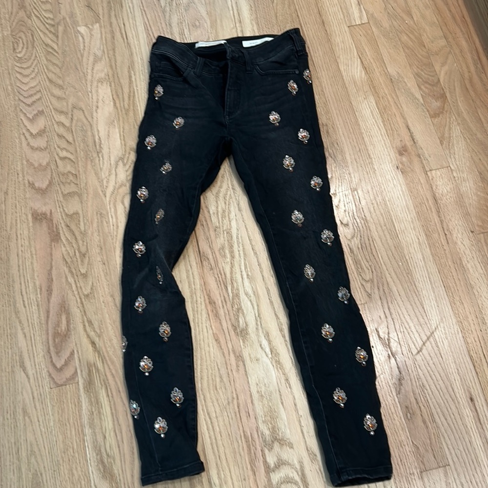 Anthropologie black denim embellished beaded sequined embroidered jeans